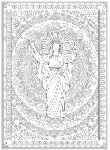 María con los brazos levantados, página para colorear de la oración del Magnificat en estilo de journaling bíblico para adultos.