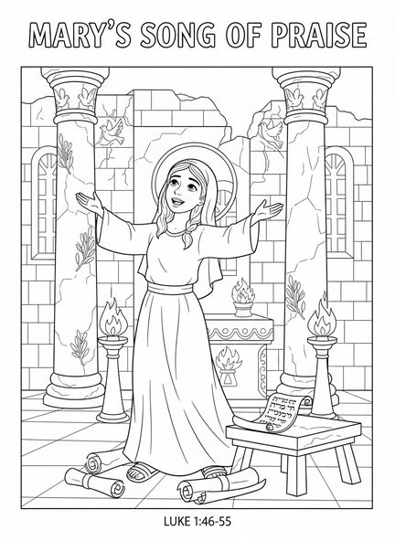 María alabando a Dios, página para colorear de la oración del Magnificat para niños de Escuela Dominical de 5 a 12 años