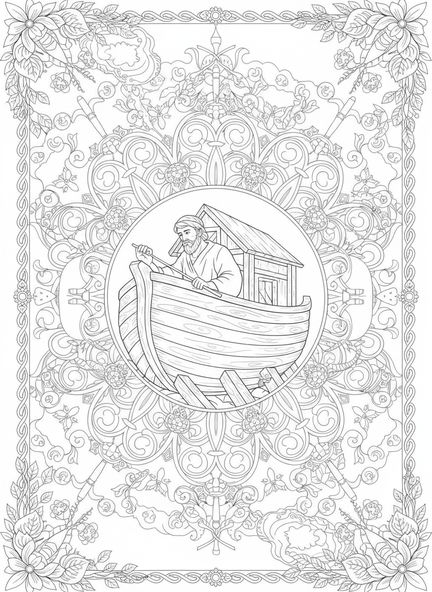 Noe budujący arkę, kolorowanka biblijna do medytacji w stylu journalingu biblijnego dla dorosłych.