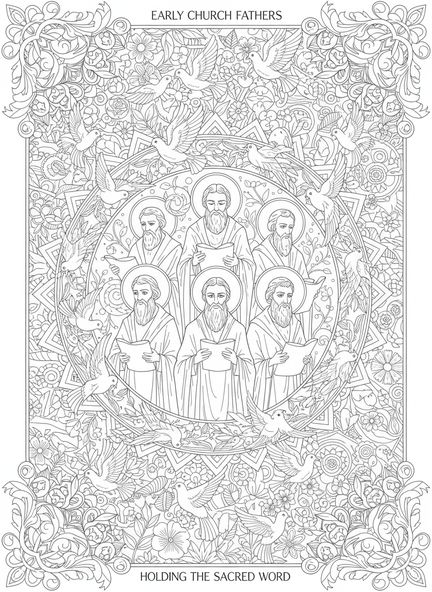 Grupo de líderes de la iglesia primitiva, página para colorear del Credo Niceno en estilo de journaling bíblico para adultos.