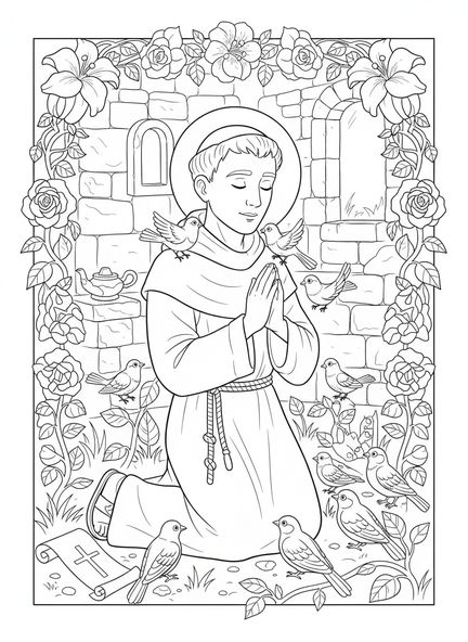 San Francisco orando, página para colorear de la Oración de San Francisco para niños de la Escuela Dominical de 5 a 12 años.