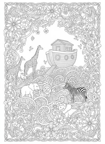 Tierpaare betreten die Arche, Ausmalbild für Erwachsene im Stil des Bibeljournaling.