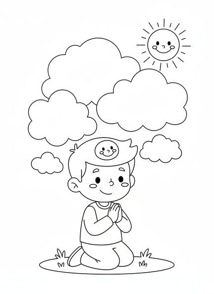 Garçon souriant à genoux, page à colorier Garçon en prière pour les enfants d'âge préscolaire de 3 à 5 ans