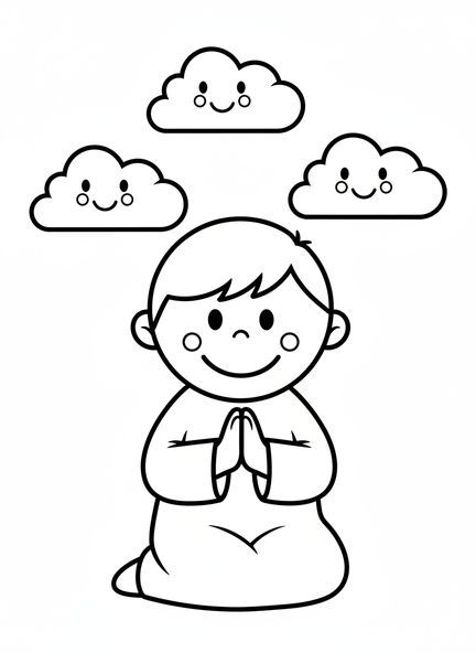 Lächelndes Kind kniet, Ausmalbild betendes Kind für Vorschulkinder im Alter von 3-5 Jahren