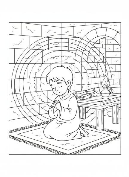 Enfant à genoux en prière, page à colorier Enfant en prière pour les enfants de l'École du dimanche âgés de 5 à 12 ans