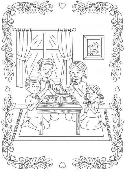 Familie von vier, Ausmalbild für Kinder im Alter von 5-10 Jahren, betende Familie