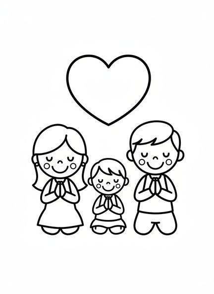 Lächelnde Familie, Ausmalbild einer betenden Familie für Vorschulkinder im Alter von 3-5 Jahren.