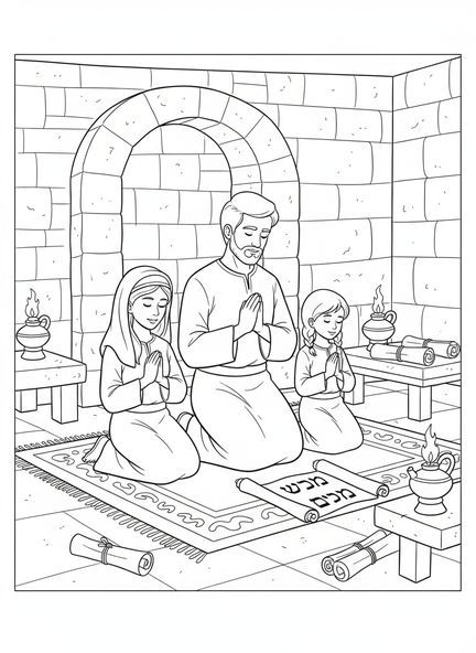 Famille de quatre personnes en prière, page à colorier Famille en prière pour les enfants de l'École du dimanche âgés de 5 à 12 ans