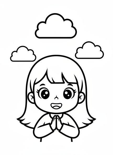 Lächelndes Mädchen beim Beten, Ausmalbild für betende Mädchen im Vorschulalter von 3-5 Jahren.