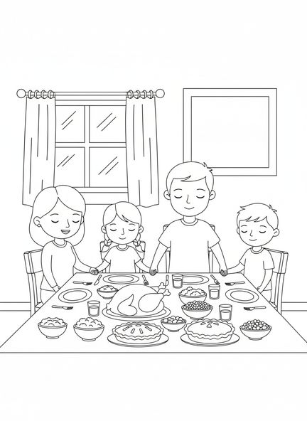 Famille de quatre, page à colorier sur la prière de grâce pour enfants de 5 à 10 ans