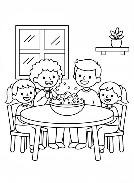 Famille heureuse assise à table, page à colorier sur la prière de grâce pour les enfants d'âge préscolaire de 3 à 5 ans