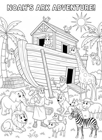 Noé construisant l'arche, page à colorier Biblique arc-en-ciel pour les enfants de 5 à 10 ans.