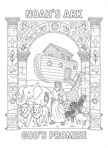 Des paires d'animaux s'approchant de l'arche, page à colorier Biblique Arc-en-ciel pour les enfants de l'École du dimanche âgés de 5 à 12 ans.
