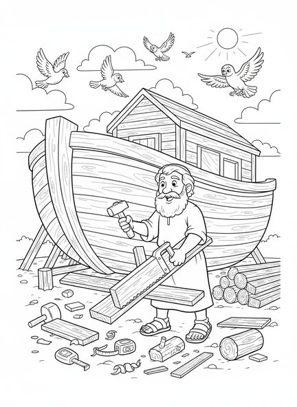 Noé construisant l'arche, page à colorier de la Promesse de l'Arc-en-Ciel pour les enfants de 5 à 10 ans
