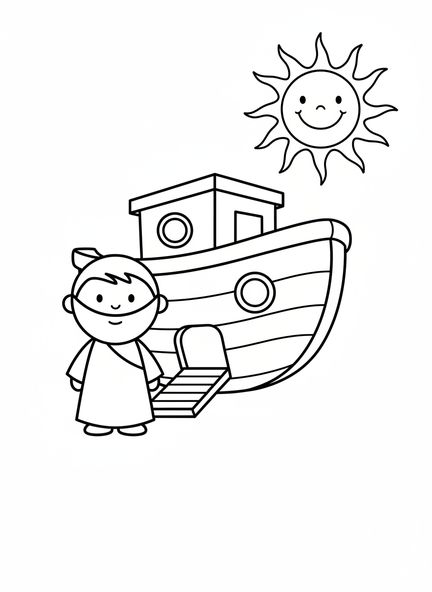 Noé souriant, page à colorier de la promesse de l'arc-en-ciel pour les enfants d'âge préscolaire de 3 à 5 ans
