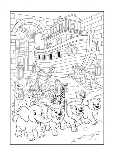 Des paires d'animaux s'approchant de l'arche, Page à colorier Biblique respectueuse pour les enfants de catéchisme âgés de 5 à 12 ans