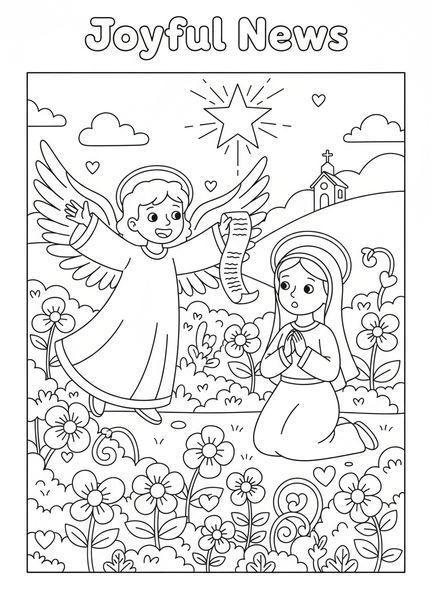 Ange avec des ailes, page à colorier des Mystères Joyeux pour enfants de 5 à 10 ans