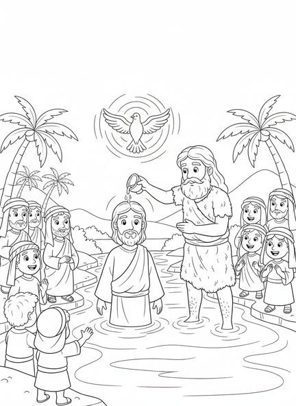 Die Taufe Jesu, Ausmalbild der Luminous Mysteries für Kinder im Alter von 5-10 Jahren