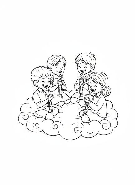 Groupe d'enfants priant, page à colorier du Rosaire pour les enfants de 5 à 10 ans