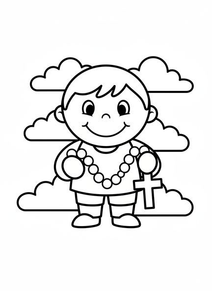 Niño sonriente sosteniendo un rosario, página para colorear de rosario para niños de 3 a 5 años.