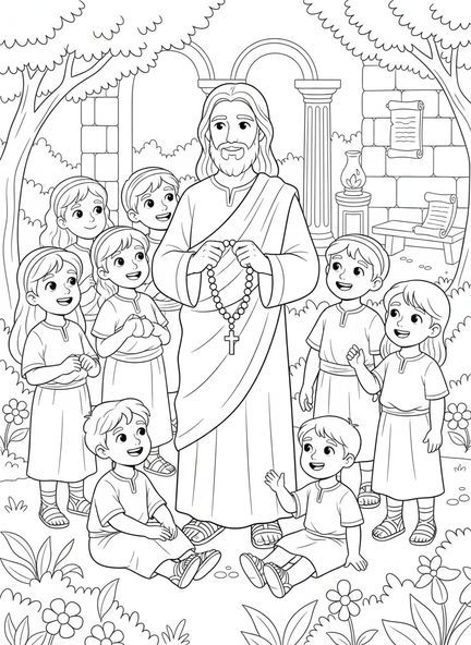 Jezus uśmiechający się, kolorowanka z Różańcem dla dzieci w katechezie w wieku 5-12 lat.