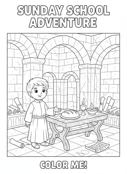 Junger Messdiener, Ausmalbild für Kinder im Religionsunterricht im Alter von 5-12 Jahren.