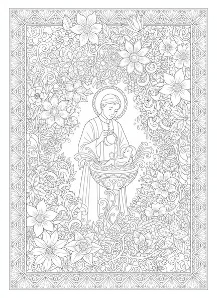 Bébé lors d'une cérémonie de baptême, page à colorier Baptême de Bébé pour le style de journal biblique pour adultes.