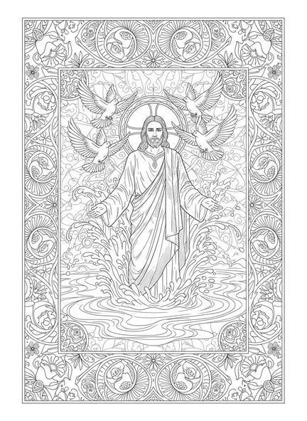 Jesus im Fluss, Tauf-Malvorlage für Erwachsene im Bibel-Journaling-Stil