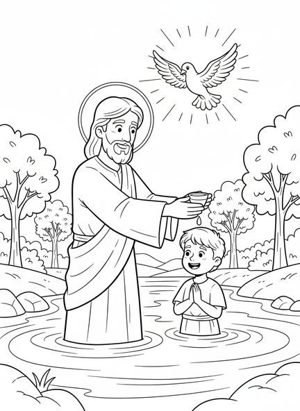 Jésus baptisant un enfant, page à colorier sur le baptême pour les enfants de 5 à 10 ans