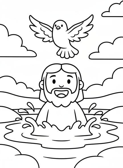 Jésus souriant, page à colorier sur le baptême pour les enfants d'âge préscolaire de 3 à 5 ans