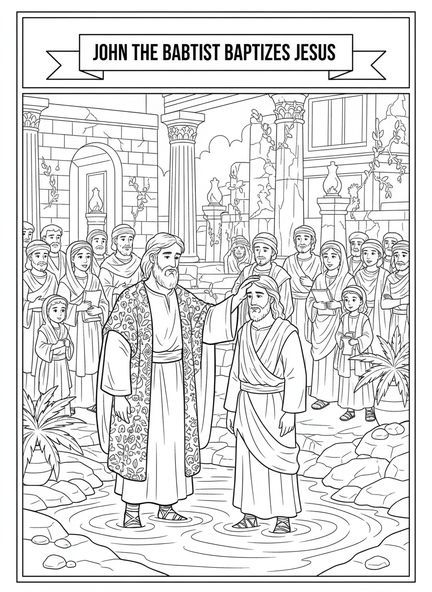 Saint Jean-Baptiste, page à colorier sur le baptême pour les enfants de l'École du dimanche âgés de 5 à 12 ans