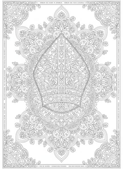 Mitra episcopal con diseños ornamentales, página para colorear de la mitra episcopal para adultos en estilo de journaling bíblico