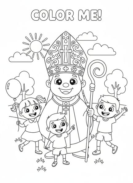 Évêque joyeux avec une mitre, page à colorier pour enfants de 5 à 10 ans.