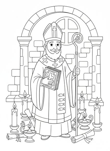 Mitre épiscopal avec livre orné, page à colorier Mitre épiscopal pour les enfants de l'École du dimanche âgés de 5 à 12 ans.