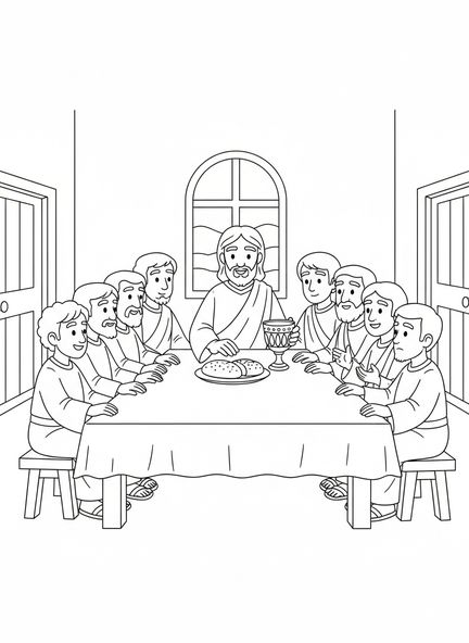 Jésus et ses disciples, page à colorier sur l'Hostie de la Communion pour les enfants de 5 à 10 ans