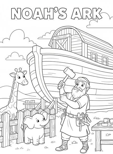 Noah mit Werkzeugen, Ausmalbild zur Firmung für Kinder im Alter von 5-10 Jahren