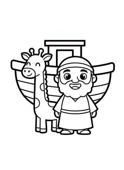 Noé souriant avec un animal, page à colorier pour la confirmation des enfants d'âge préscolaire de 3 à 5 ans.