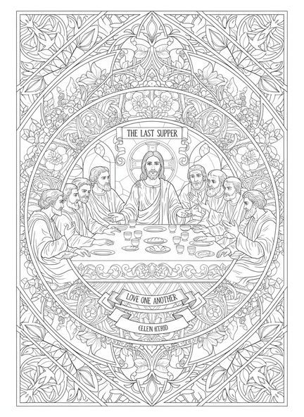 Jésus et ses disciples, page à colorier de l'Eucharistie pour adultes dans un style de journal biblique