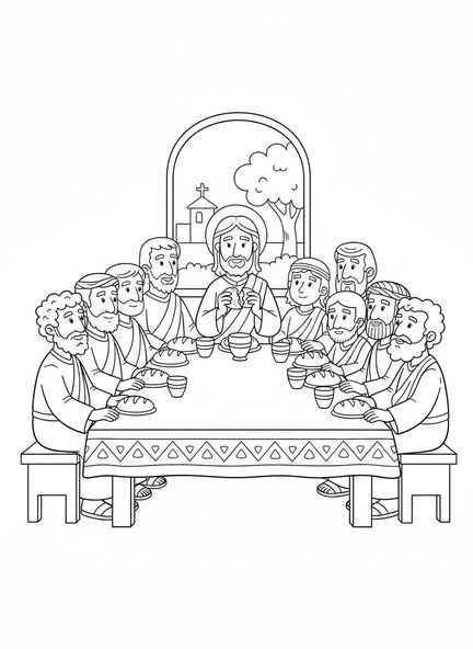 Jesus und seine Jünger, Ausmalbild zur Eucharistie für Kinder im Alter von 5-10 Jahren