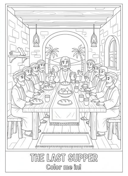 Jesus und seine Jünger, Ausmalbild zur Eucharistie für Kinder im Religionsunterricht im Alter von 5-12 Jahren.