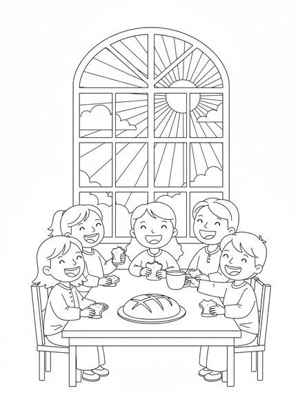 Groupe d'enfants, page à colorier de la Dernière Cène pour les enfants de 5 à 10 ans.