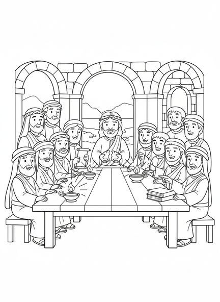 Jésus rompant le pain, page à colorier de la Dernière Cène pour les enfants de l'École du dimanche âgés de 5 à 12 ans.