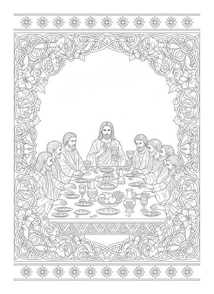 Jesus am Tisch, Ausmalbild zur Heiligen Messe für Erwachsene im Stil des Bibel-Journalings