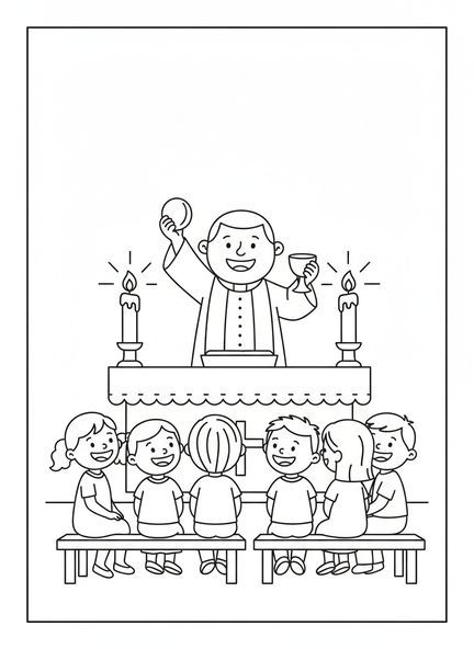 Priester am Altar, Ausmalbild zur Heiligen Messe für Kinder im Alter von 5-10 Jahren.