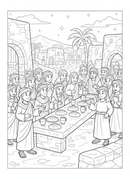 Fröhliche Menschenmenge, Ausmalbild für die Heilige Messe für Sonntagsschulkinder im Alter von 5-12 Jahren.