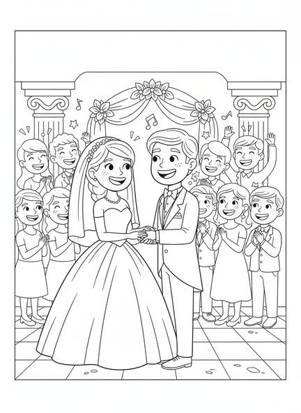 Braut und Bräutigam tauschen Ringe aus, Ausmalbild zum Sakrament der Ehe für Kinder im Alter von 5-10 Jahren