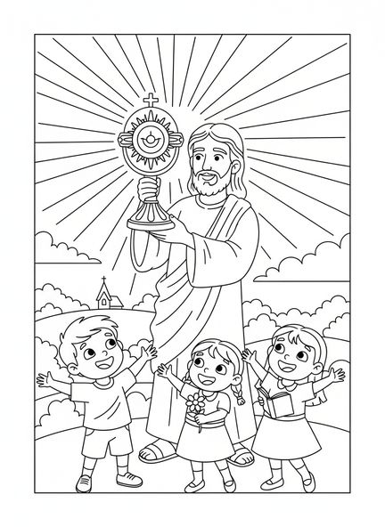 Jesus mit Monstranz, Malvorlage für Kinder im Alter von 5-10 Jahren