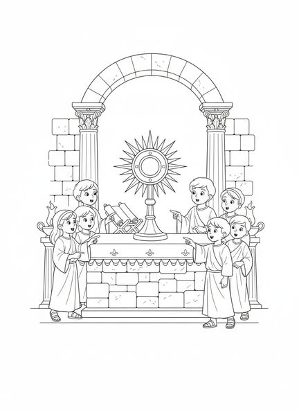 Monstranz in der Kirche, Ausmalbild der Monstranz für Kinder im Religionsunterricht im Alter von 5-12 Jahren.