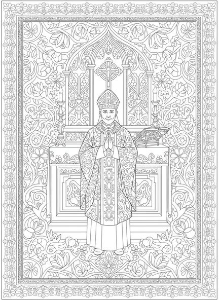 Figura sacerdotal con vestimenta ornamentada, página para colorear de Vestiduras Sacerdotales estilo Biblia para adultos.