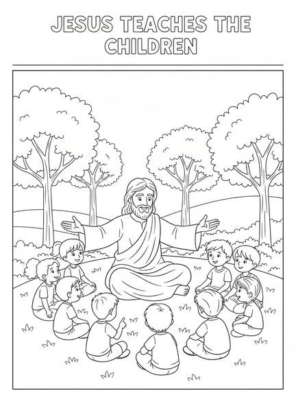 Jésus enseignant des enfants sur une colline, page à colorier du Cœur de Jésus pour les enfants de 5 à 10 ans.